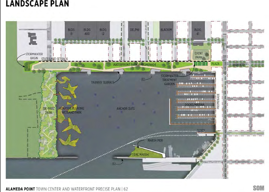 Landscape plan from 2013 showing no buildings on west (left) side of Seaplane Lagoon.  Buildings are now being recommended to stay.  Floating wetlands are a very long-range option if funding is available.