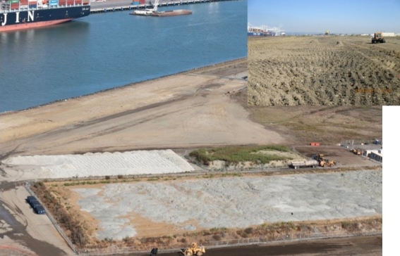 Piles of stockpiled soil in rectangular areas to be used as final cover for everything except new wetland. Navy photo.