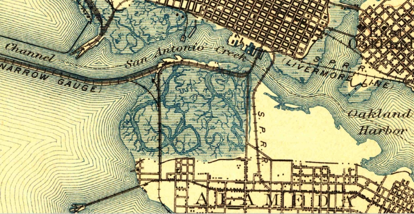 1899 topographical map of western Alameda showing marshland. Source: US Geological Survey Historical Topographic Map Explorer.